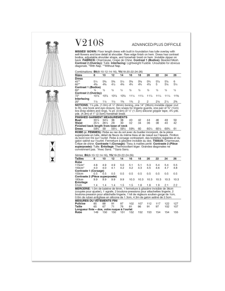 Patron Vogue 2108/B5 (36-44) - Robe longue de soirée bustier avec superposition tulle
