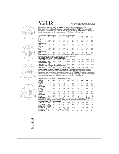 Patron Vogue 2113/B5 (36-44) - Top ajusté encolure V avec manches courtes ou longues