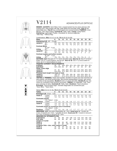 Patron Vogue 2114/B5 (36-44) - Veste courte cintrée avec manches fente