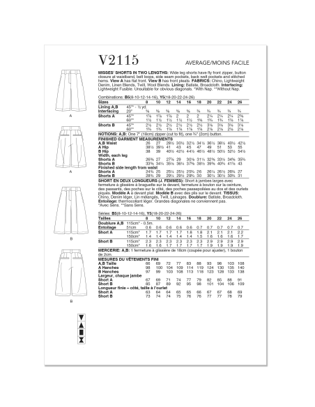 Patron Vogue 2115/B5 (36-44) - Short large taille haute deux longueurs