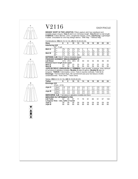 Patron Vogue 2116/H5 (34-42) - Jupe peplum mi‑genou ou midi