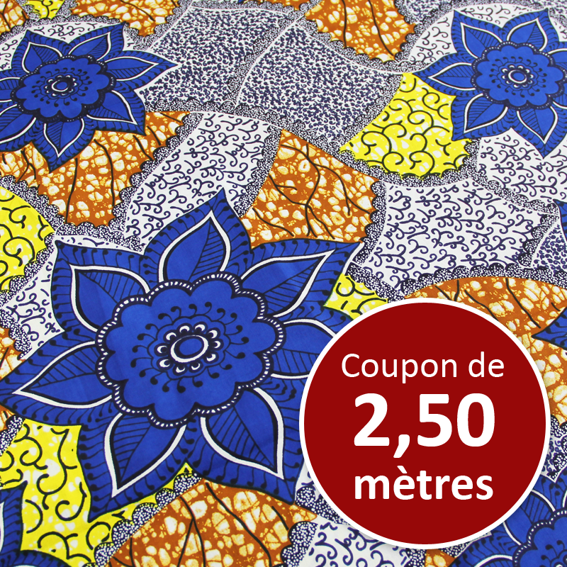 Tissu Africain WAX - Fleuris bleu et jaune (coupon de 2,50 mètres)