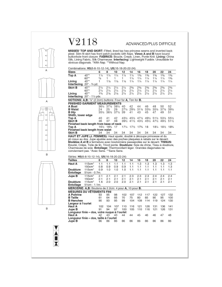 Patron Vogue 2118/H5 (34-42) - Top ajusté doublé et jupe slim à poches