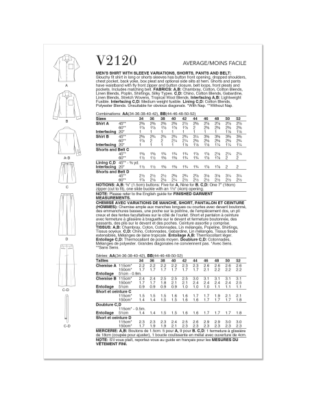 Patron Vogue 2120 BB (56-64) - Ensemble homme chemise ample, short ou pantalon et ceinture