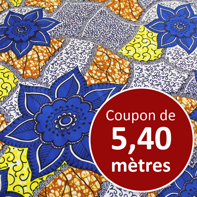 Tissu Africain WAX - Fleuris bleu et jaune (coupon de 5,40 mètres)