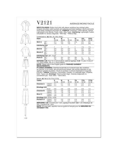 Patron Vogue 2121 (46-68) - Pyjama homme chemise et bas