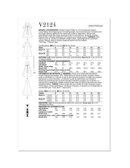 Patron Vogue 2124/BB (36-42) - Robe d’intérieur longue style années 70