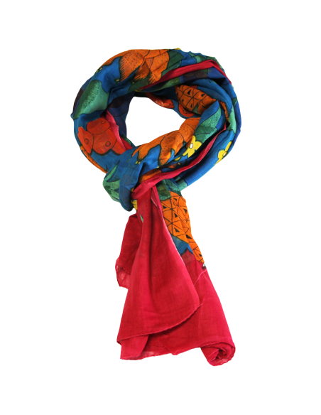 Paréo 100% coton - Multifruit fond bleu