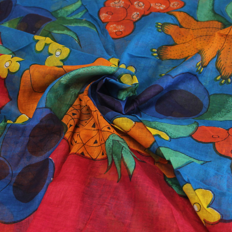 Paréo 100% coton - Multifruit fond bleu