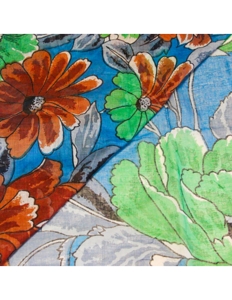 Paréo 100% coton - Papillon & fleur fond bleu