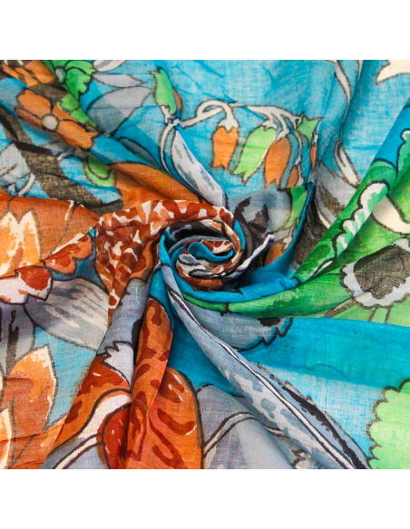 Paréo 100% coton - Papillon & fleur fond bleu