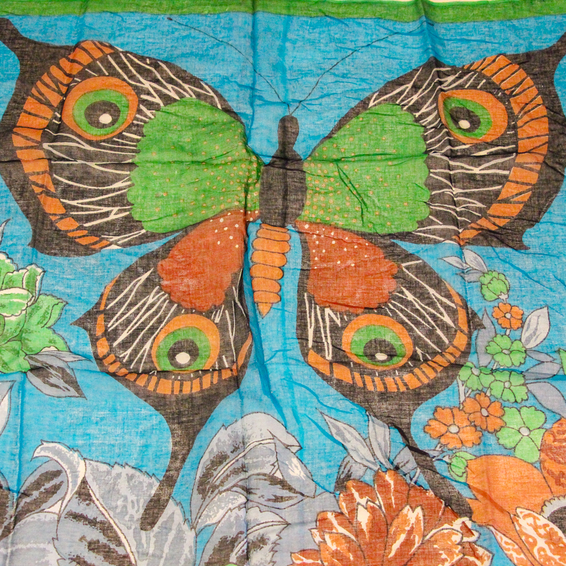 Paréo 100% coton - Papillon & fleur fond bleu