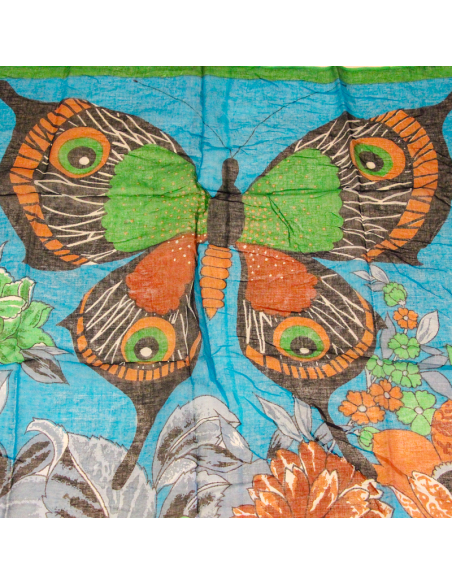 Paréo 100% coton - Papillon & fleur fond bleu