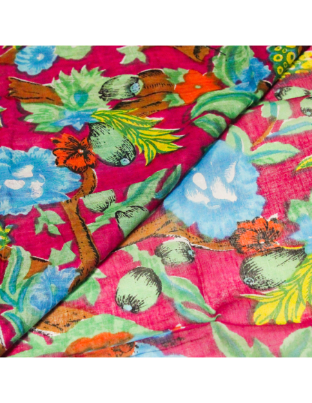 Paréo 100% coton -  Fleur bleu fond magenta