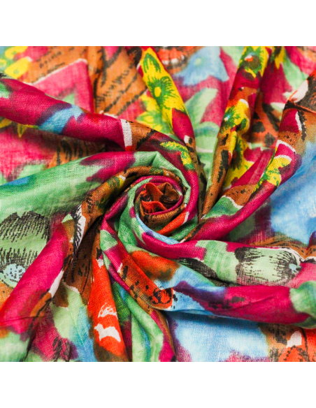 Paréo 100% coton -  Fleur bleu fond magenta