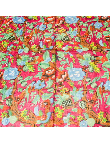 Paréo 100% coton -  Fleur bleu fond magenta