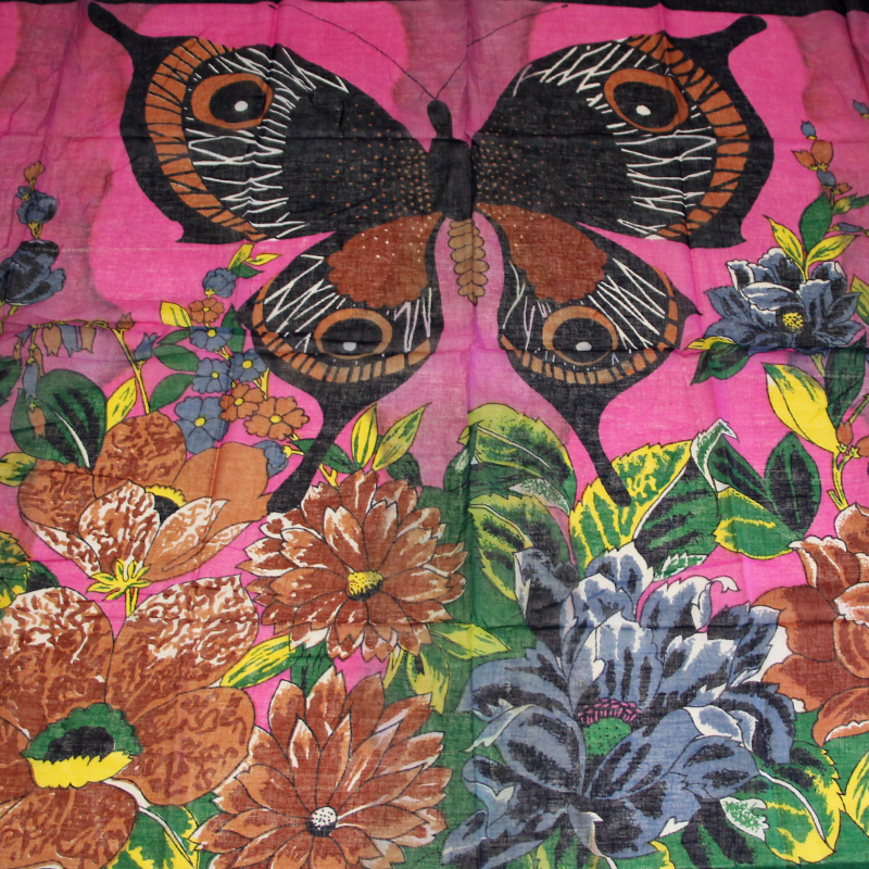 Paréo 100% coton - Papillon & fleur fond rose