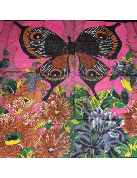 Paréo 100% coton - Papillon & fleur fond rose