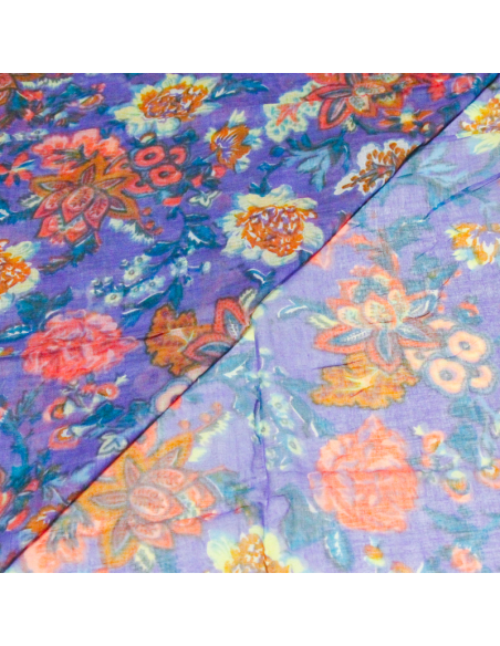 Paréo 100% coton - Fleur rose fond violet