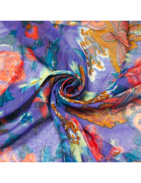 Paréo 100% coton - Fleur rose fond violet