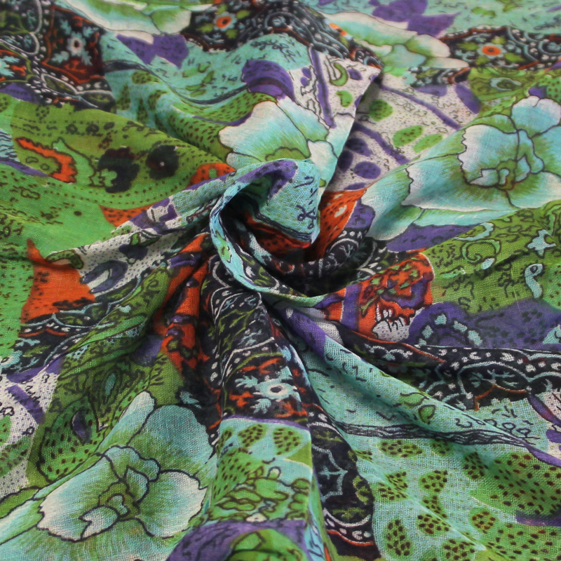 Paréo 100% coton - Fleuri turquoise