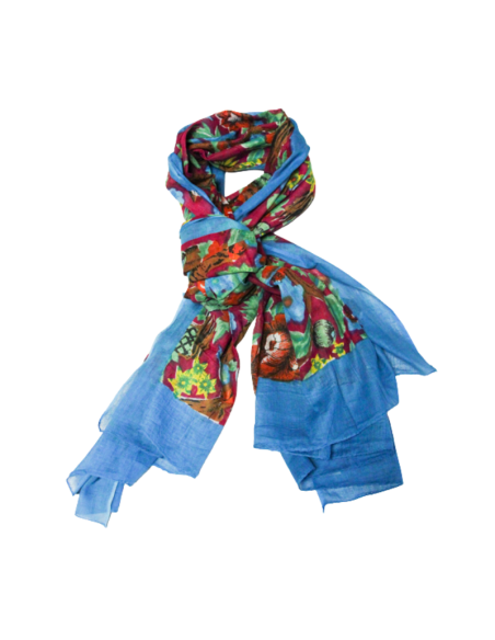 Paréo 100% coton -  Fleur bleu fond magenta