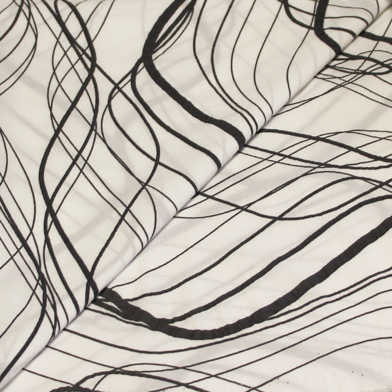 Coton imprimé - Onde graphique gris foncé froissé fond blanc optique