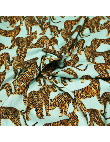 Étoffe 100% viscose piqué - Léopard & tigre fond turquoise