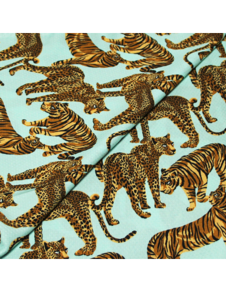 Étoffe 100% viscose piqué - Léopard & tigre fond turquoise