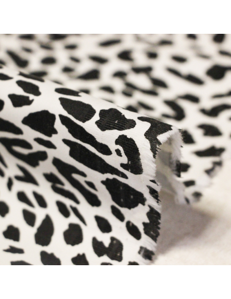 Satin mat coton & élasthanne – Léopard noir fond blanc