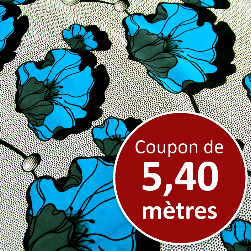 Tissu Africain WAX - Fleurs bleues rétro (coupon de 5,40 mètres)