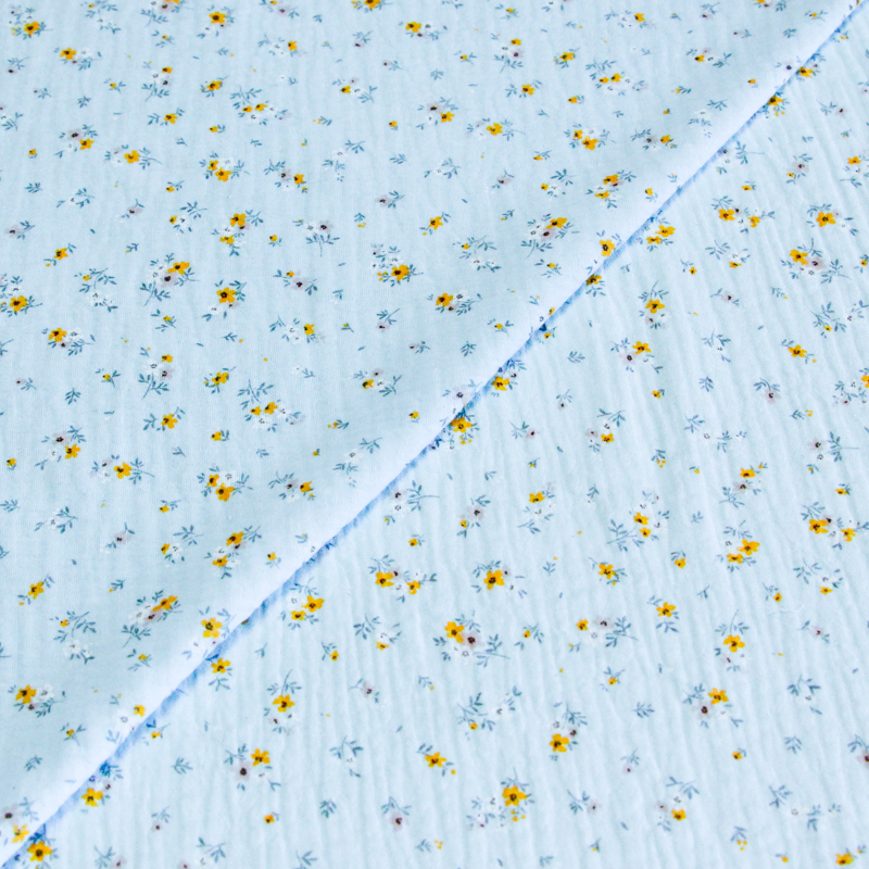 Double gaze 100% coton - Fleurs d'été fond ciel