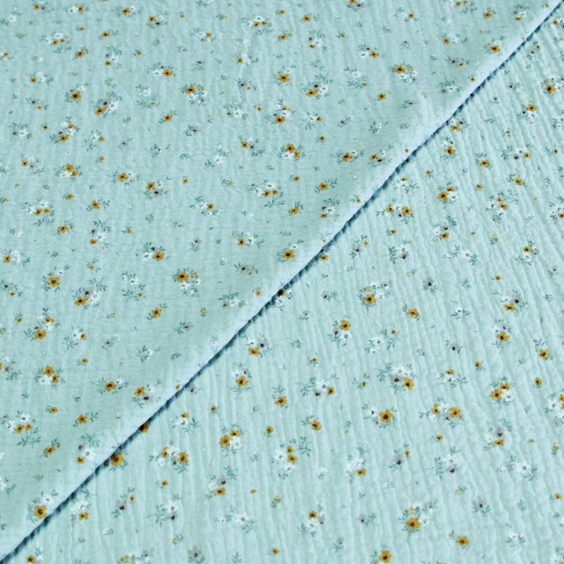 Double gaze 100% coton - Fleurs d'été fond vert