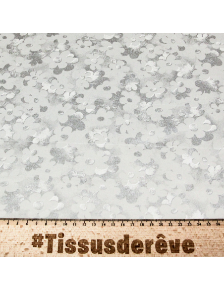 Gabardine coton & élasthanne - Fleurs argentées sur fond brillant
