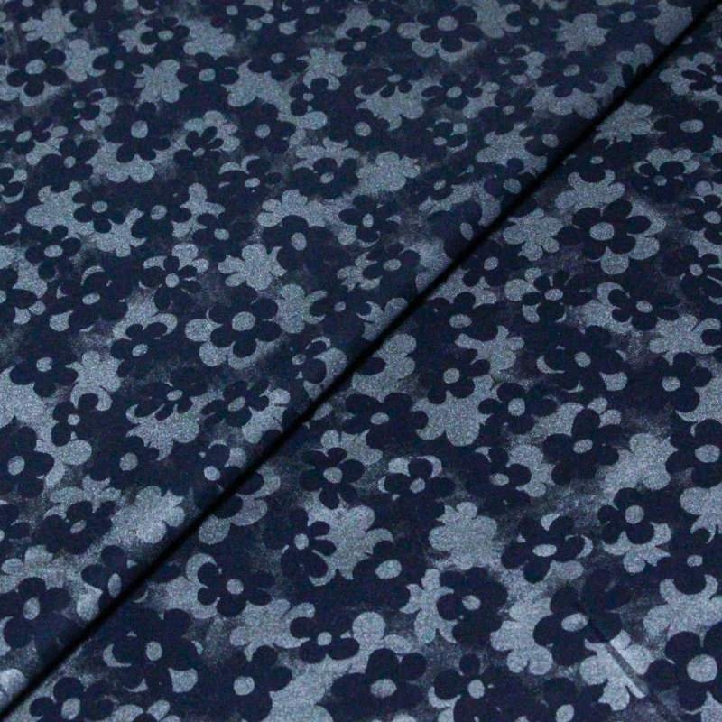 Gabardine coton & élasthanne - Fleurs bleues fond brillant