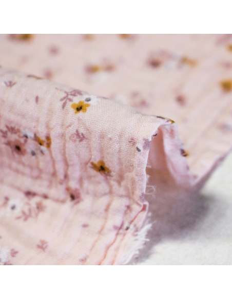 Double gaze 100% coton - Fleurs d'été fond rose