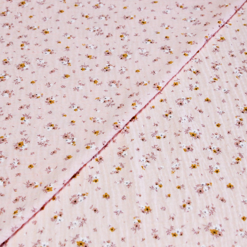 Double gaze 100% coton - Fleurs d'été fond rose