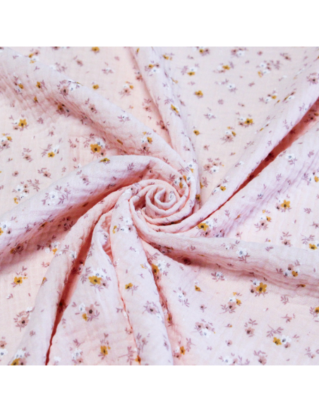 Double gaze 100% coton - Fleurs d'été fond rose