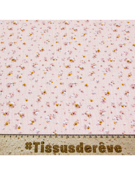 Double gaze 100% coton - Fleurs d'été fond rose