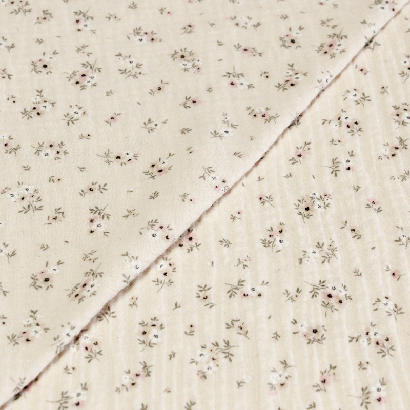 Double gaze 100% coton - Fleurs d'été fond beige