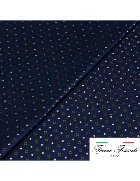 Jacquard 100% soie - Pois et petites fleurs vertes fond marine