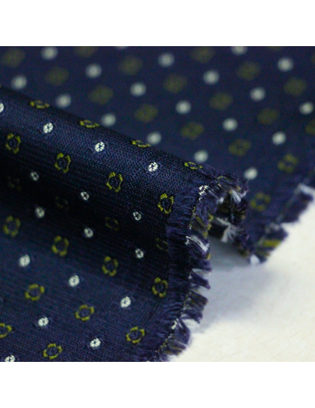 Jacquard 100% soie - Pois et petites fleurs vertes fond marine