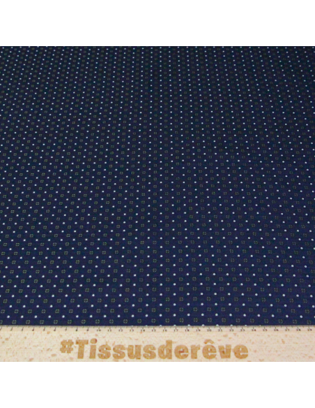 Jacquard 100% soie - Pois et petites fleurs vertes fond marine