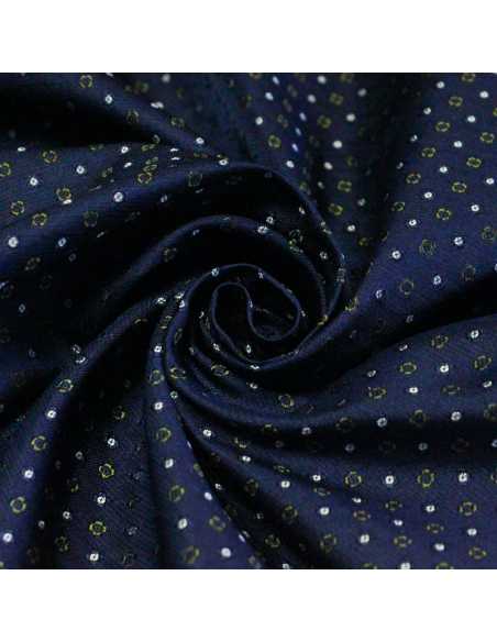 Jacquard 100% soie - Pois et petites fleurs vertes fond marine