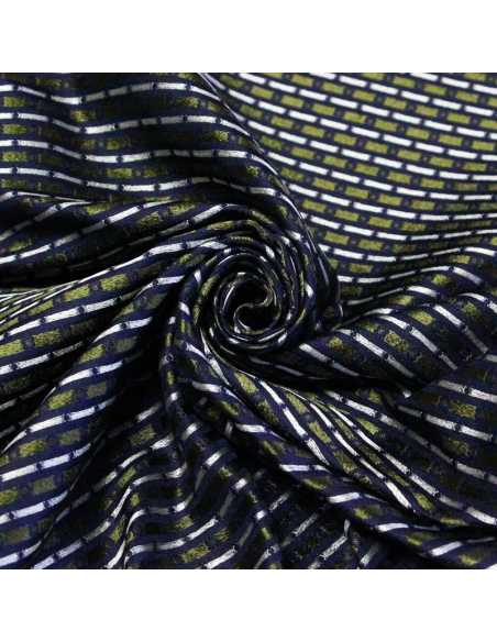 Jacquard 100% soie - Pois et petites fleurs vertes fond marine