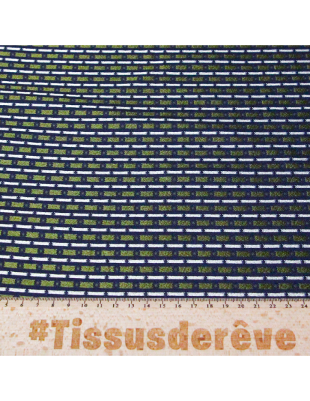 Jacquard 100% soie - Pois et petites fleurs vertes fond marine