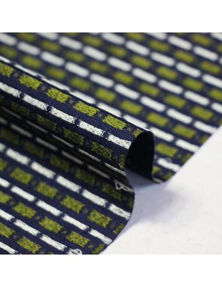 Jacquard 100% soie - Pois et petites fleurs vertes fond marine