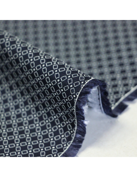 Jacquard 100% soie - Chaîne rectangulaire blanc fond bleu