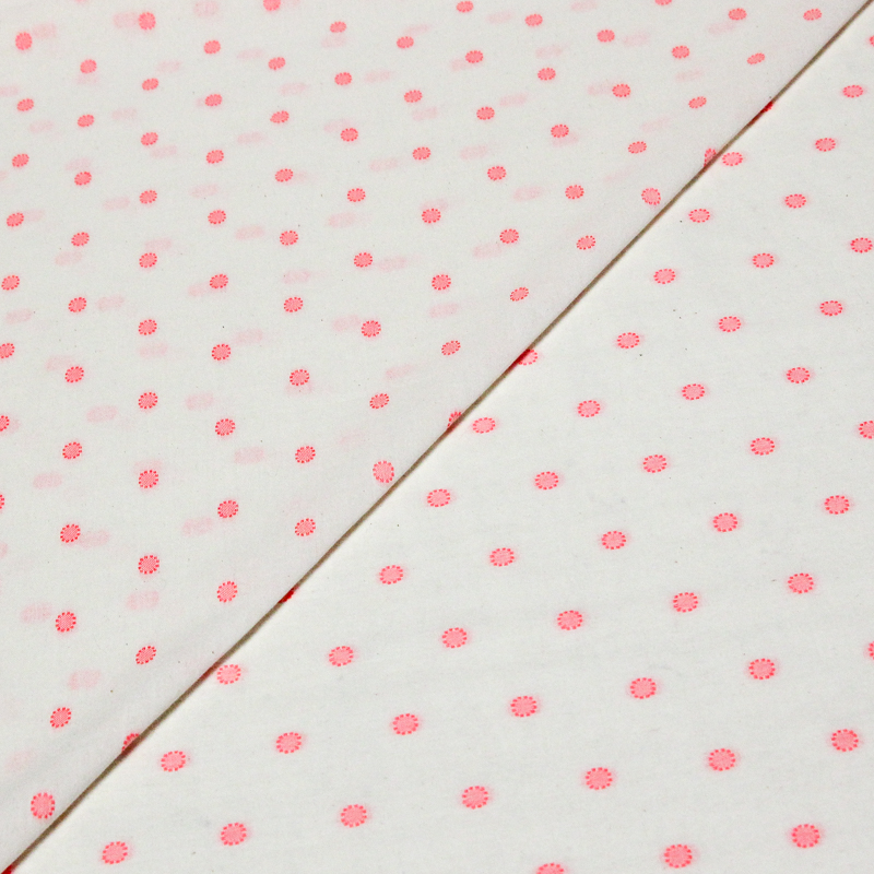 Toile de coton brodée - Cercle pointillé rose fluo