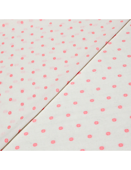 Toile de coton brodée - Cercle pointillé rose fluo